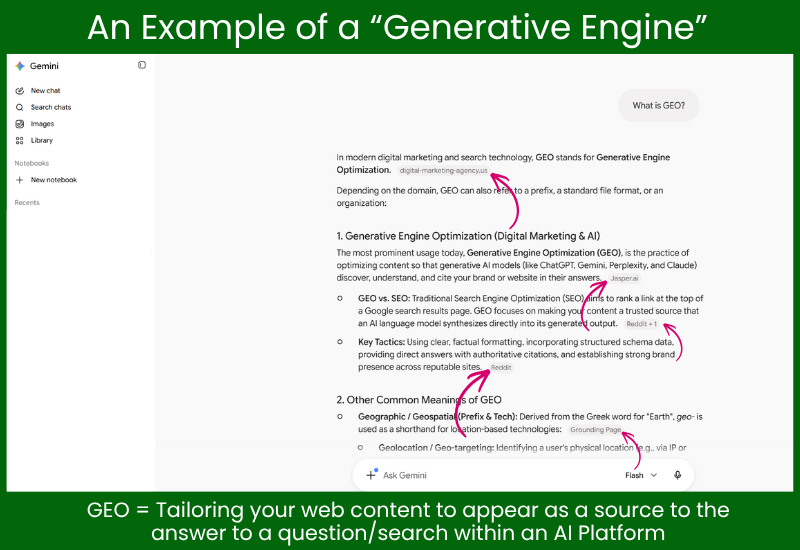 GEO = Tailoring your web content to appear as a source to the answer to a question/search within an AI Platform